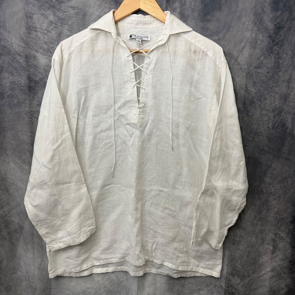 Peter England Nantucket White Linen Lace Up Tunic Top Women Medium Coastal